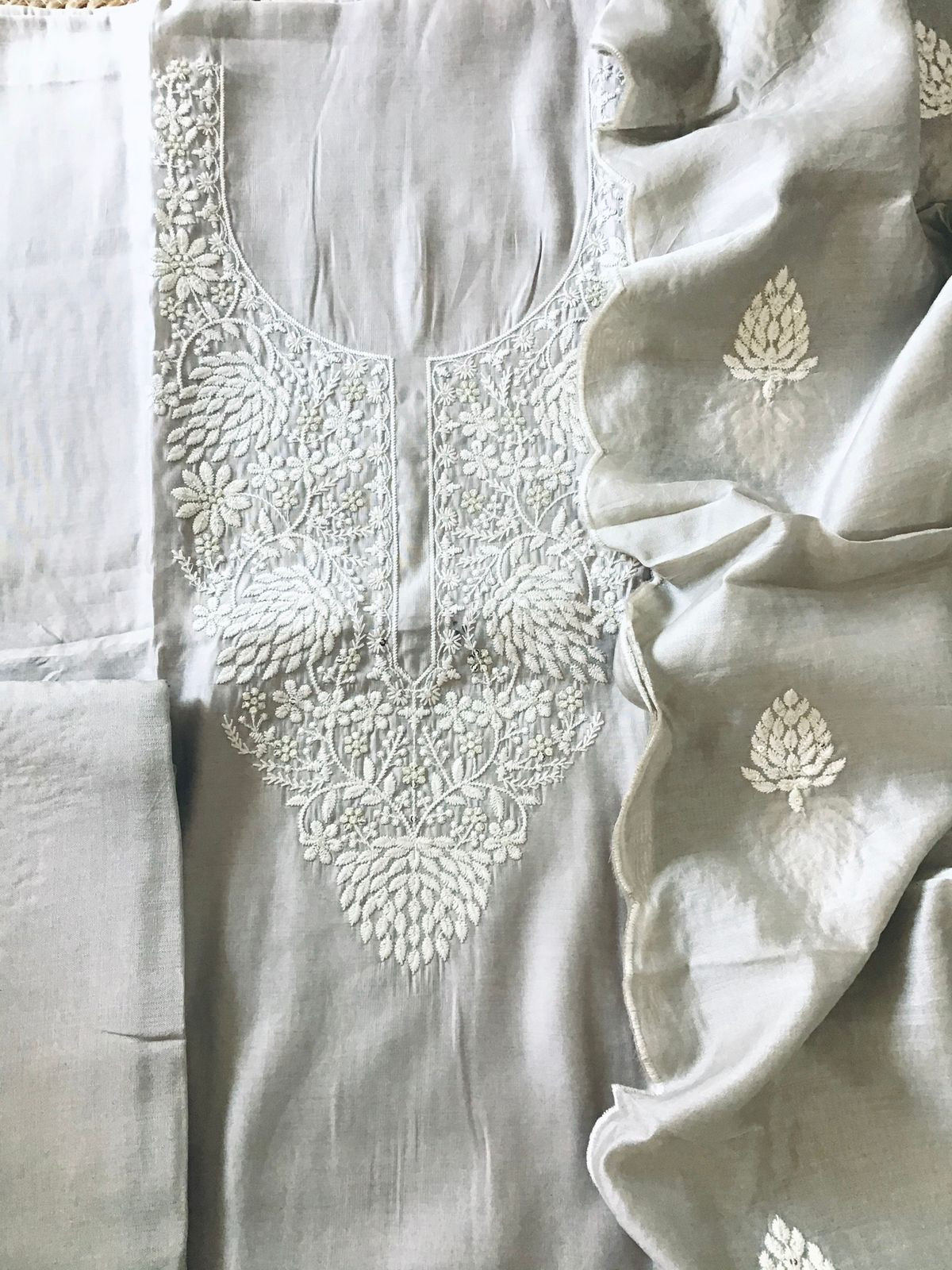 Soft Silk Embroidered Suit - Grey