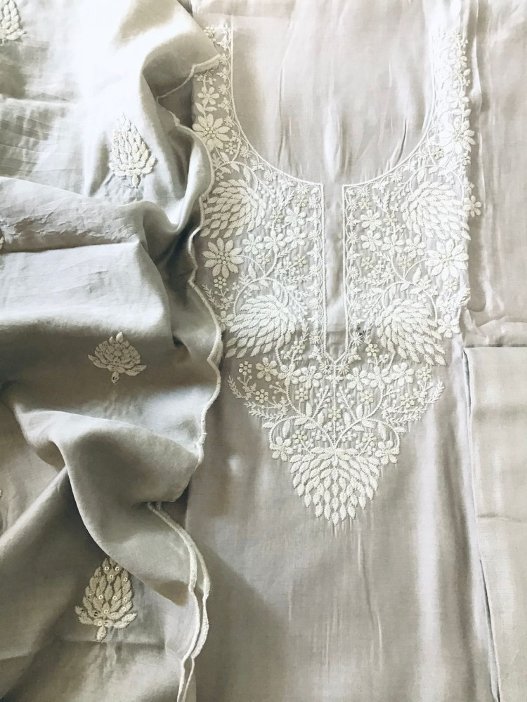 Image of Soft Silk Embroidered Suit - Grey