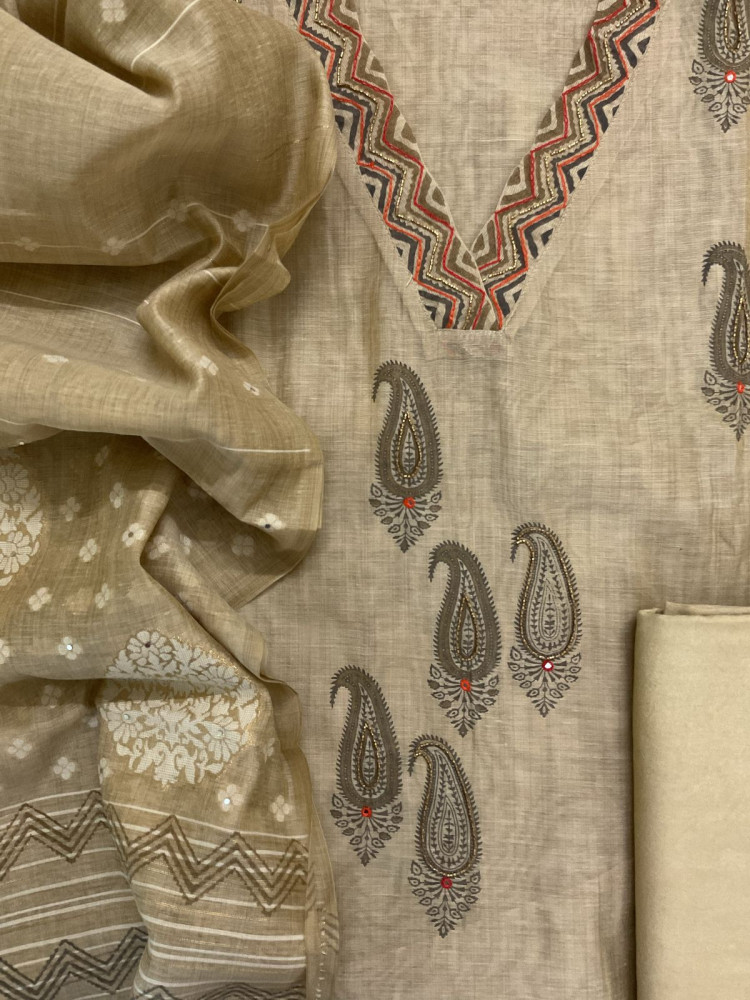 Image of Soft Slub Chanderi Printed Embroidered Suit - Beige