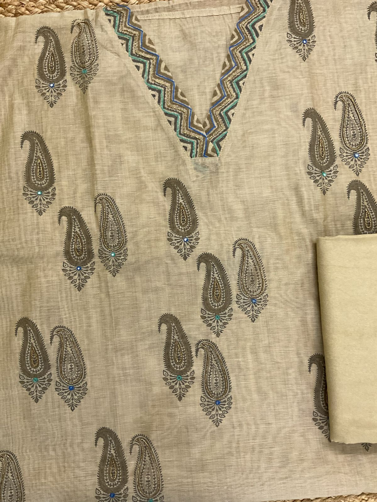 Soft Slub Chanderi Printed Embroidered Suit - Beige