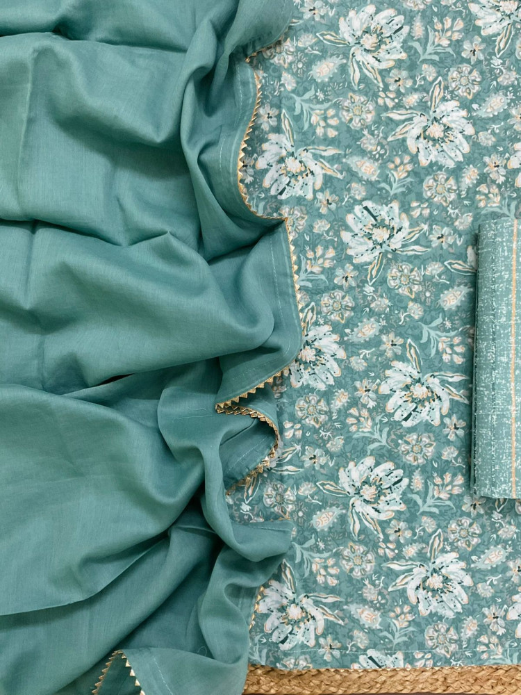 Image of Pure Cotton Printed Suit - Green