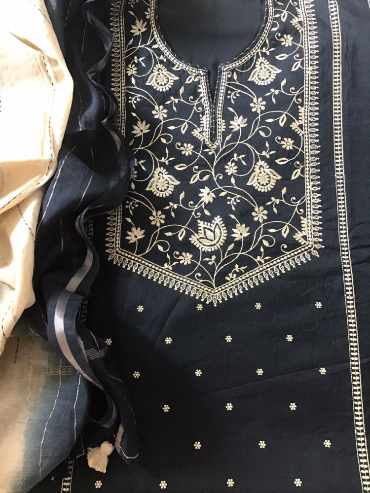 Image of Pure Fine Upada Silk Embroidered Suit - Black