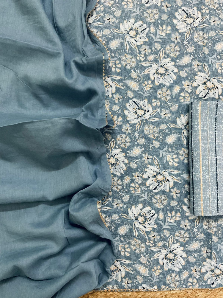 Image of Pure Fine Cotton Printed Suit - Blue