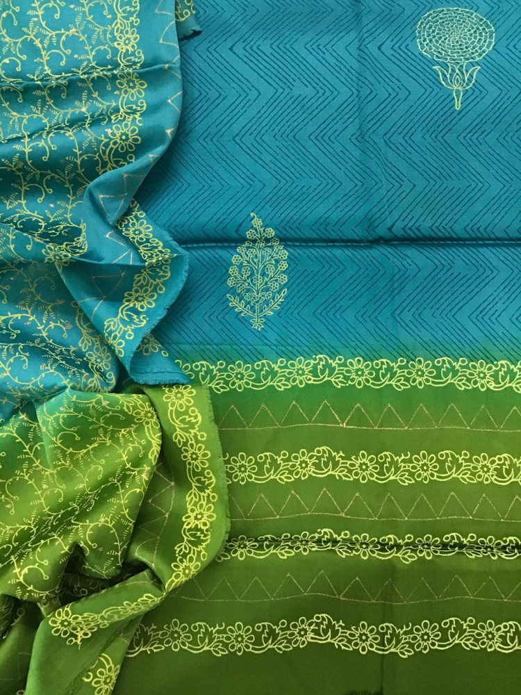 Image of Pure Cotton Silk Printed Suit - Blue