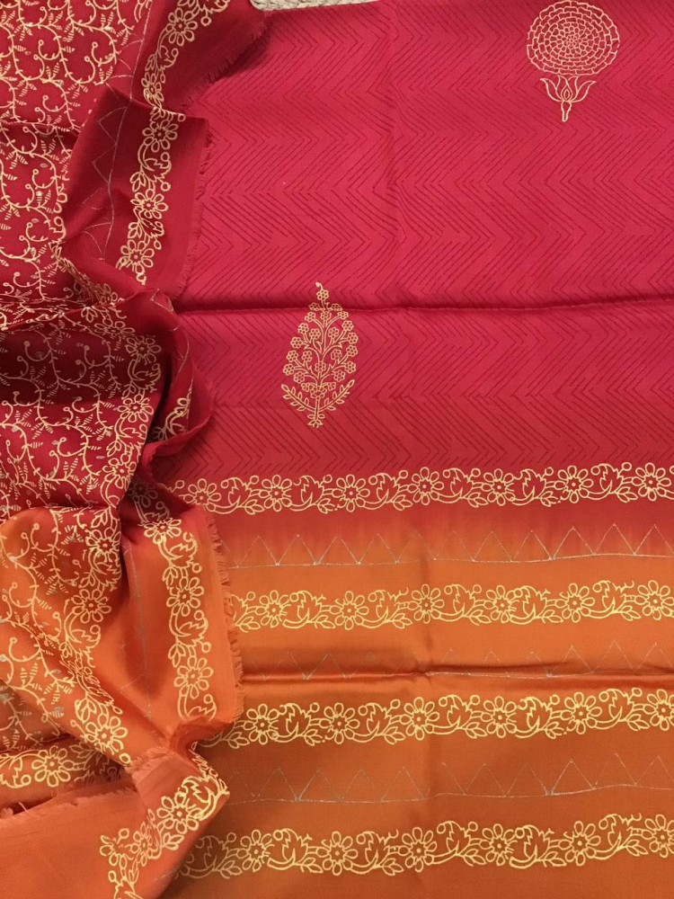 Image of Pure Cotton Silk Printed Suit - Red