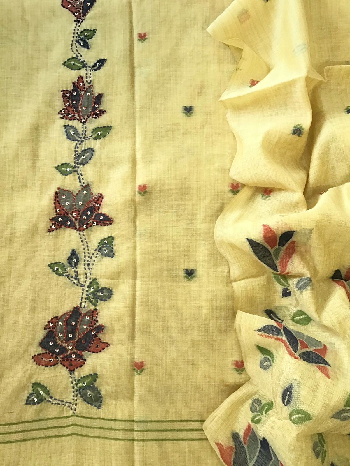 Soft Fine Slub Chanderi Jamdani Weaved Embroidered Suit - Yellow