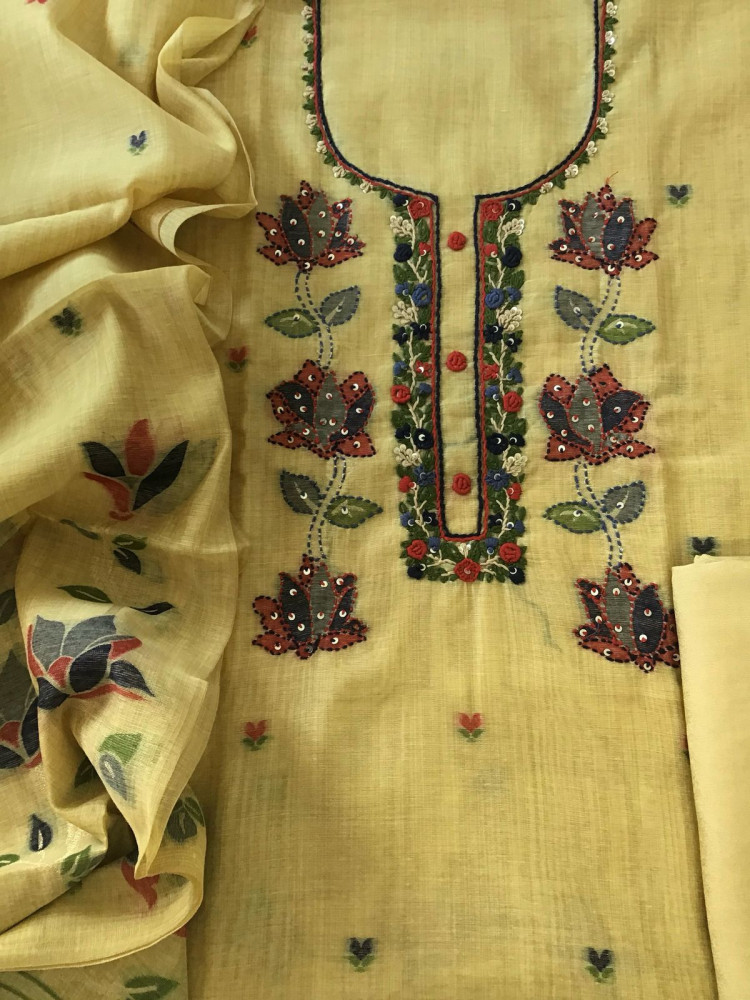 Image of Soft Fine Slub Chanderi Jamdani Weaved Embroidered Suit - Yellow