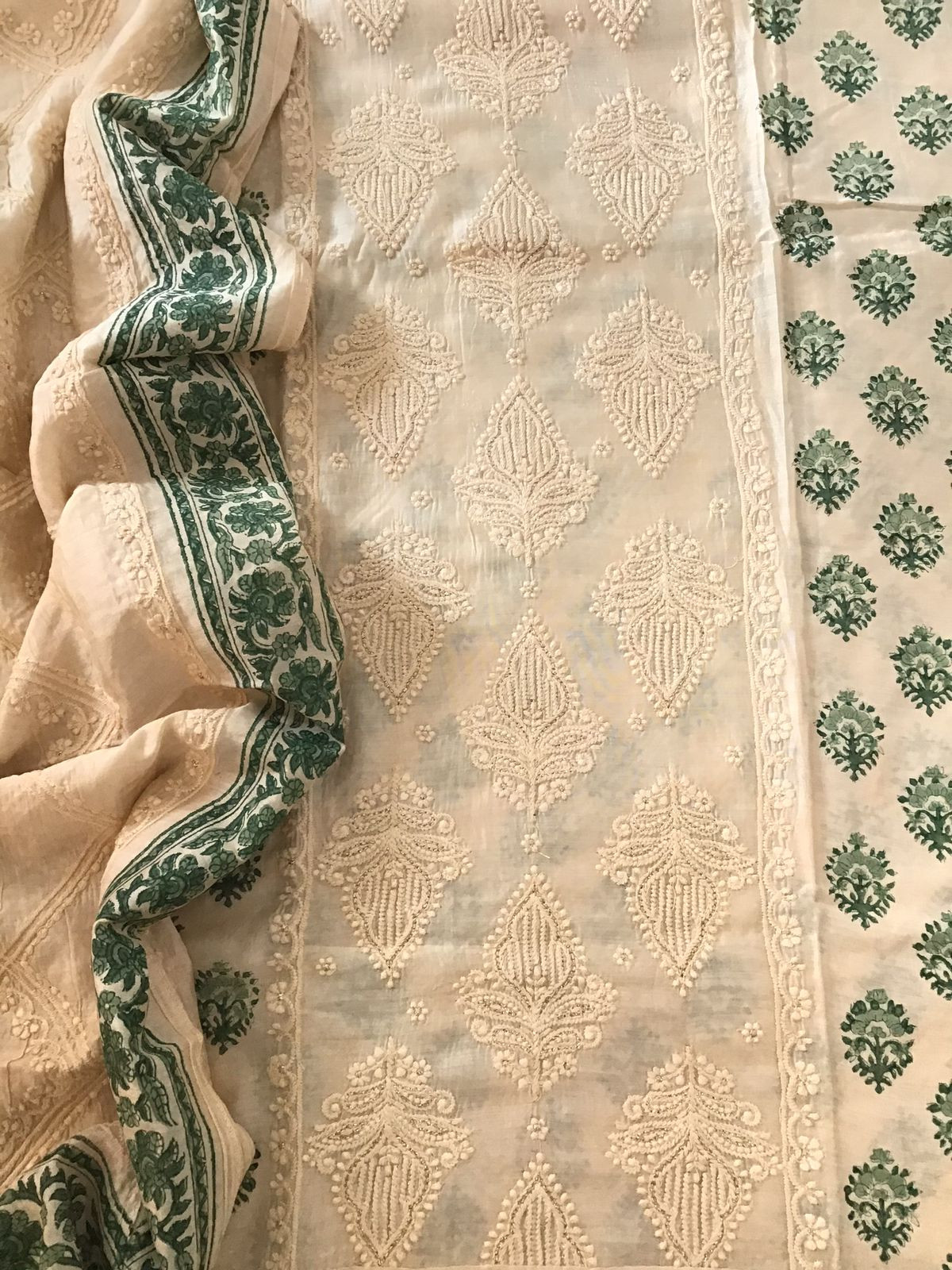 Pure Muslin Printed Embroidered Suit - Offwhite