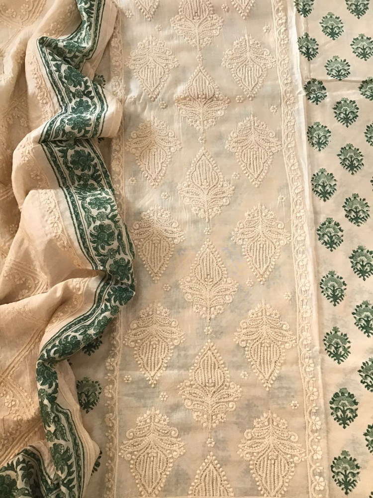 Image of Pure Muslin Printed Embroidered Suit - Offwhite