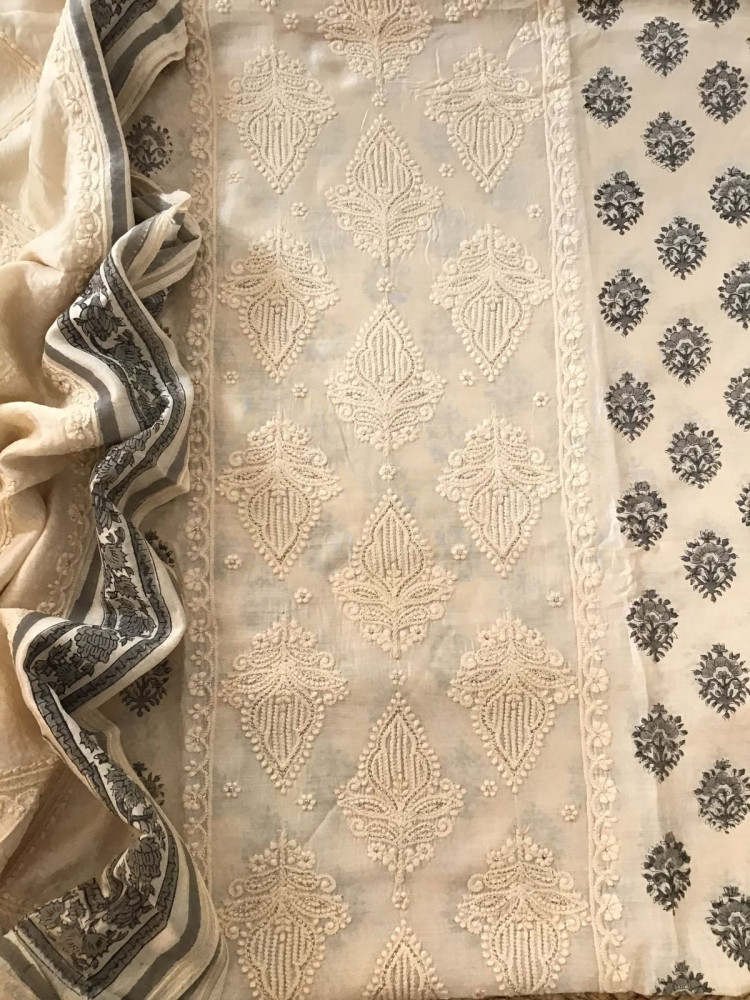 Image of Pure Muslin Printed Embroidered Suit - Offwhite