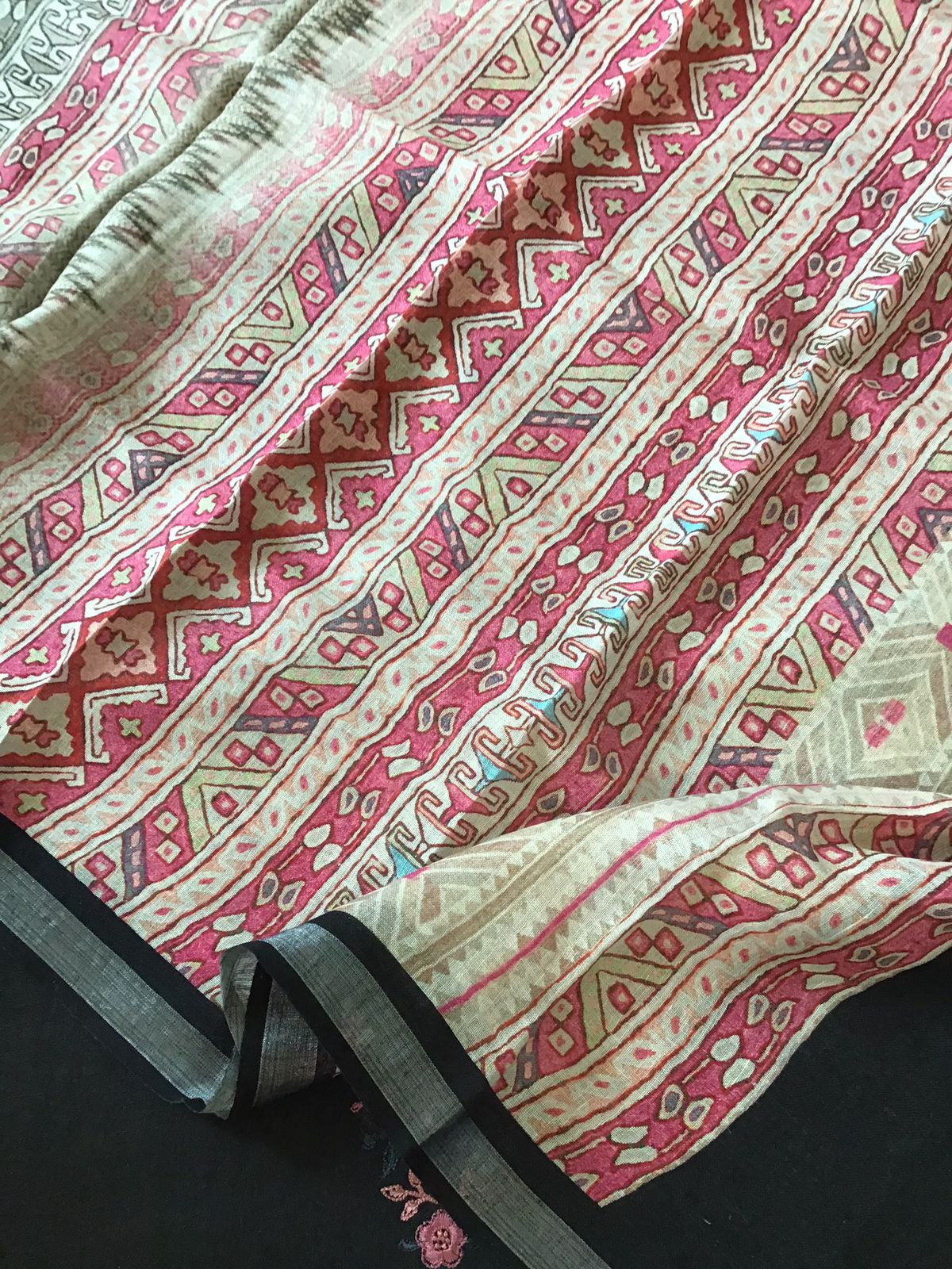 Pure Linen Jute Cotton Printed Embroidered Suit - Black
