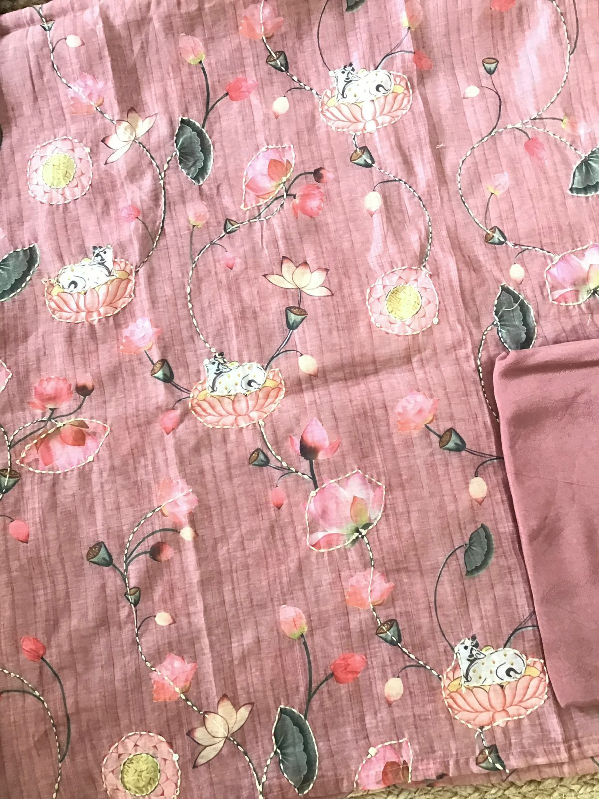Soft Kora Chanderi Printed Embroidered Suit - Pink