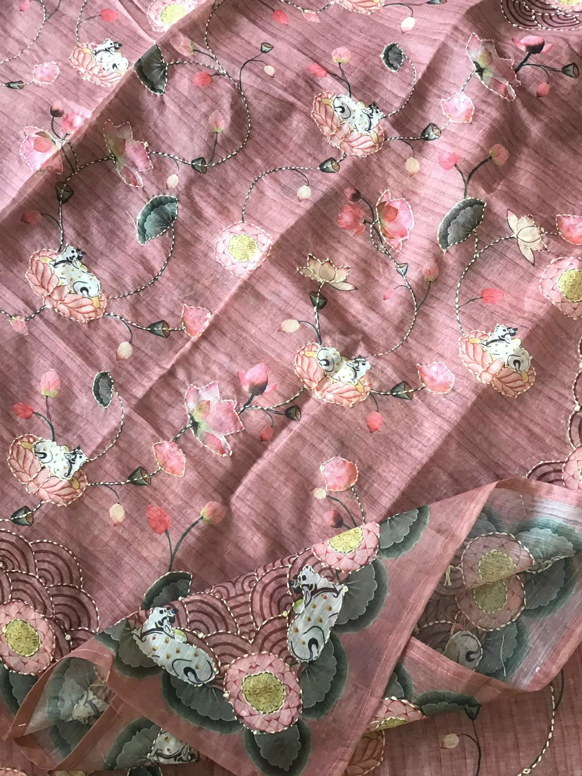 Soft Kora Chanderi Printed Embroidered Suit - Pink