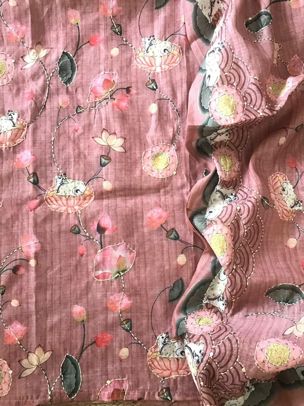 Soft Kora Chanderi Printed Embroidered Suit - Pink