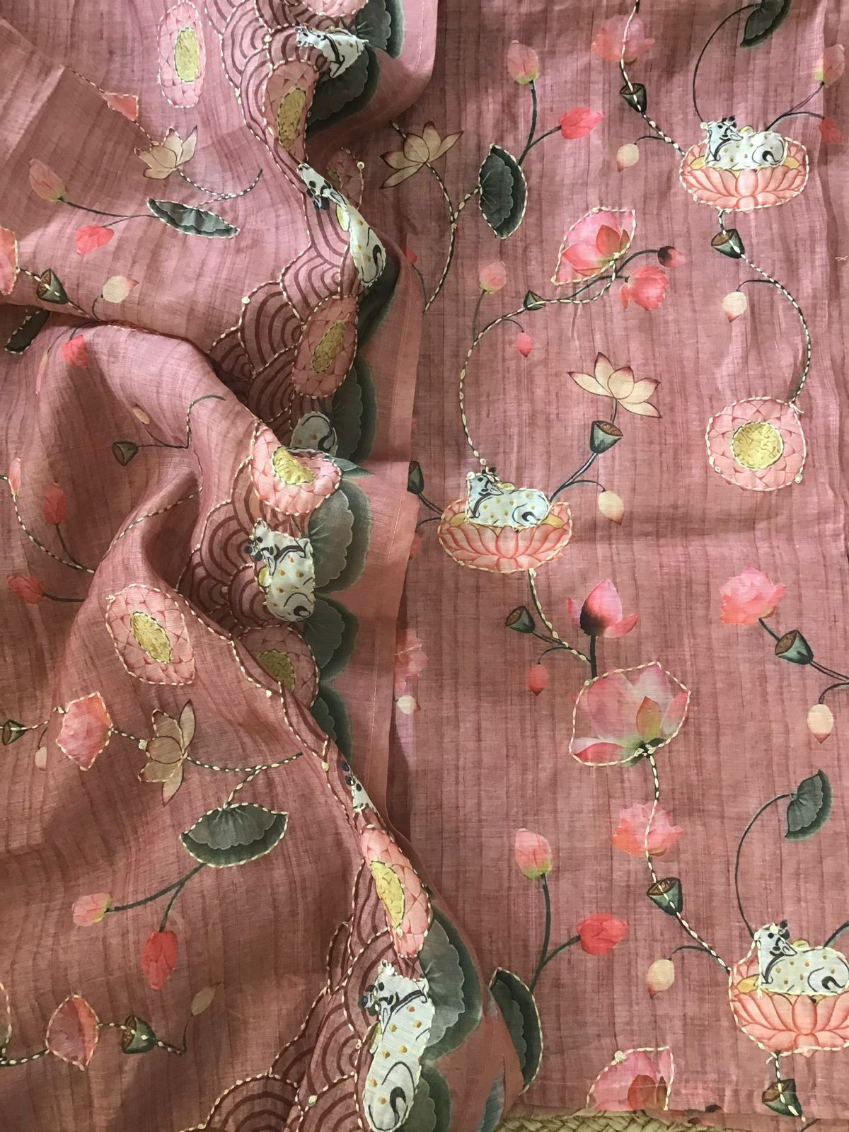 Soft Kora Chanderi Printed Embroidered Suit - Pink