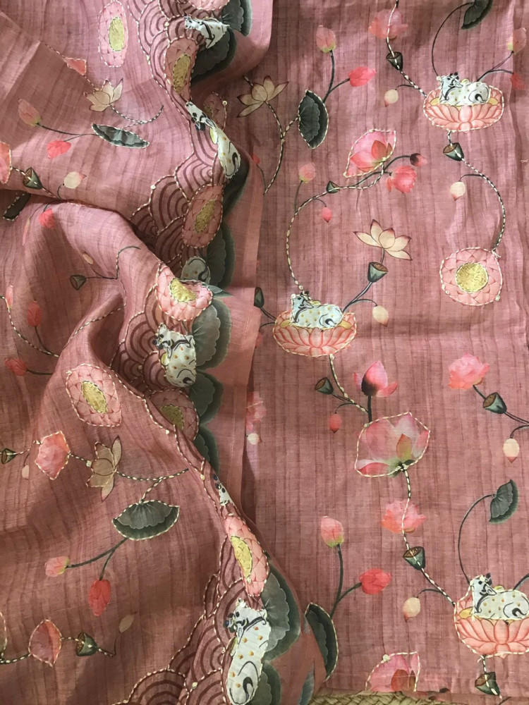 Image of Soft Kora Chanderi Printed Embroidered Suit - Pink