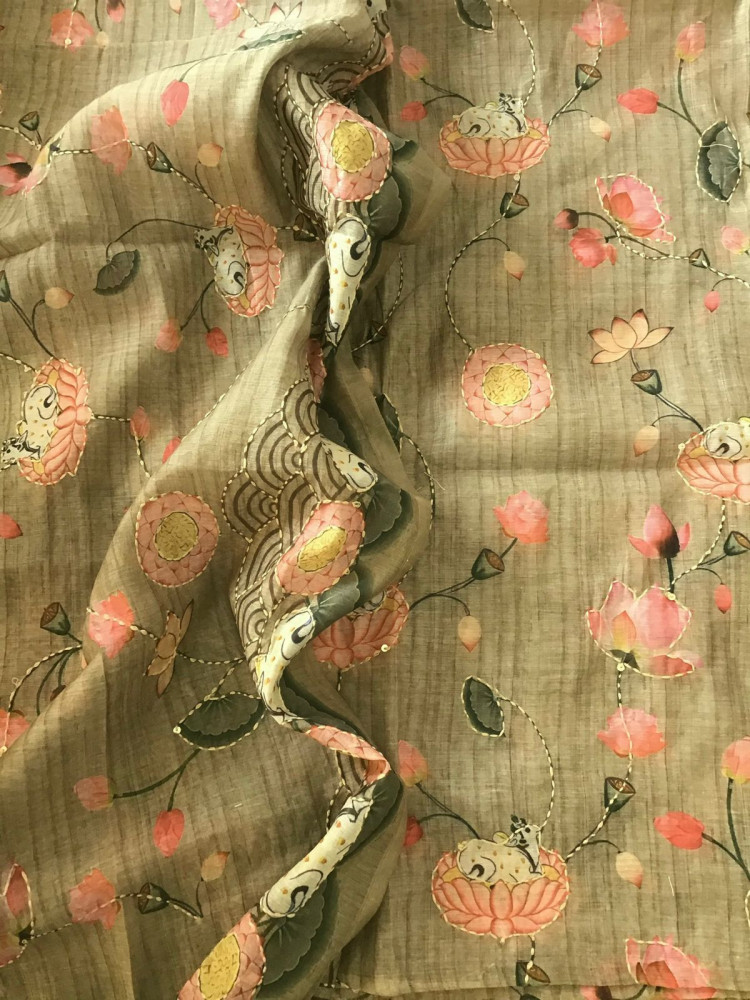 Image of Soft Kora Chanderi Printed Embroidered Suit - Green