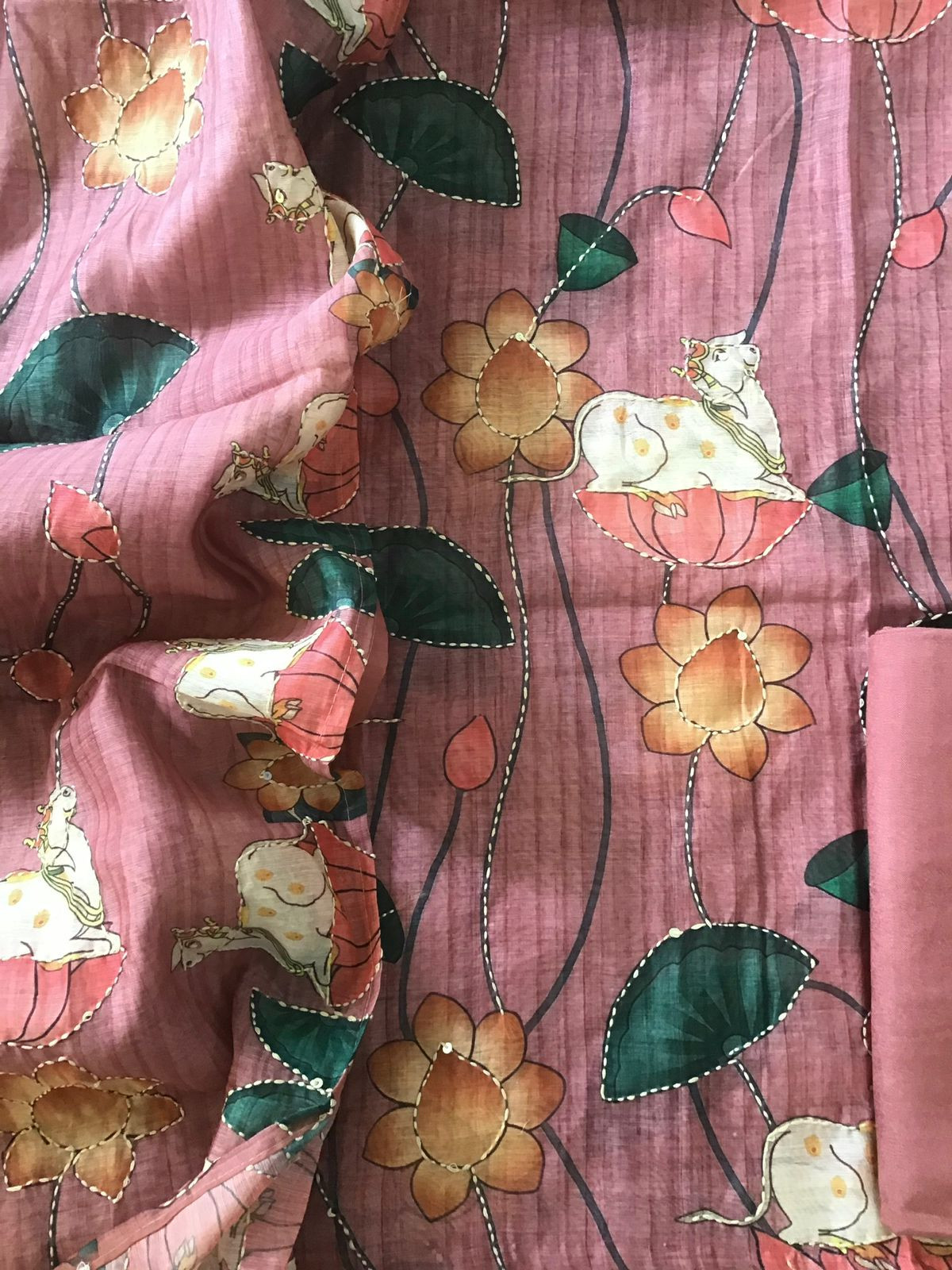 Soft Kora Chanderi Printed Embroidered Suit - Pink