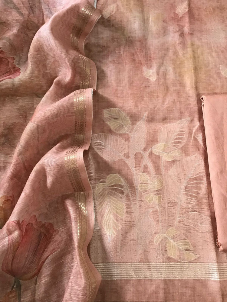 Image of Soft Kora Chanderi Printed Jamdani Weaved Suit - Peach