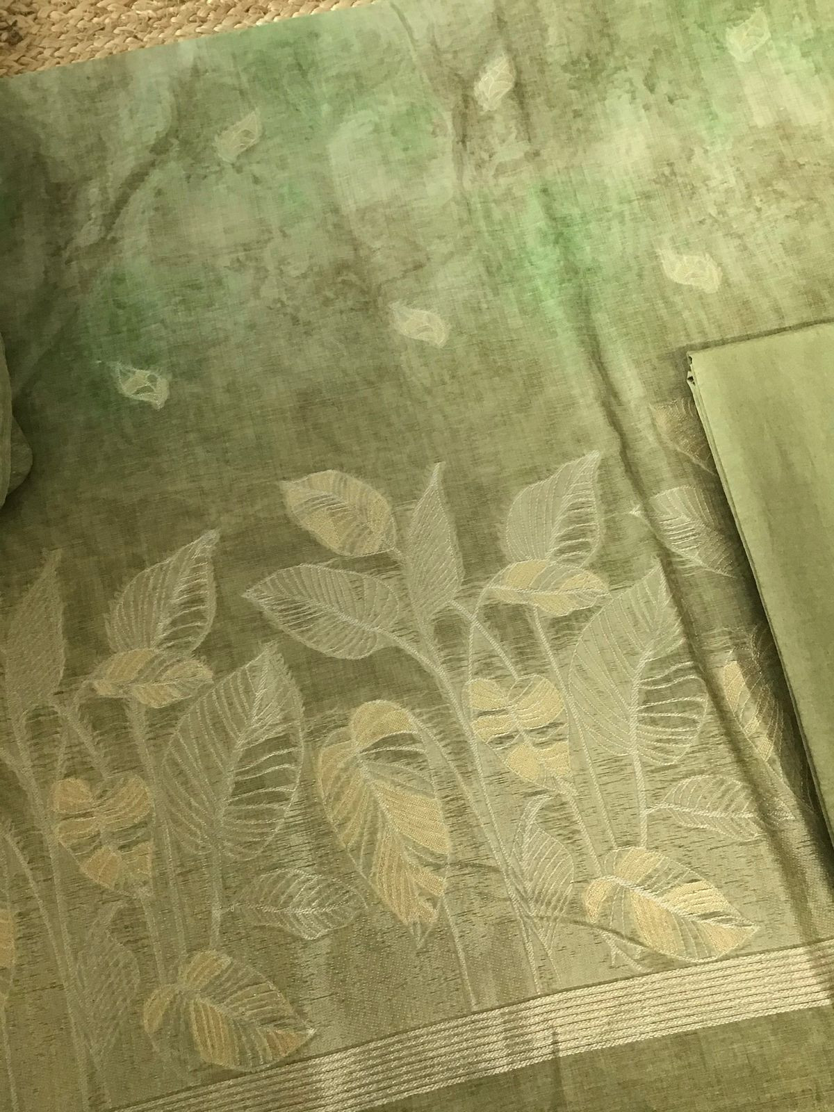 Soft Kora Chanderi Printed Jamdani Weaved Suit - Green