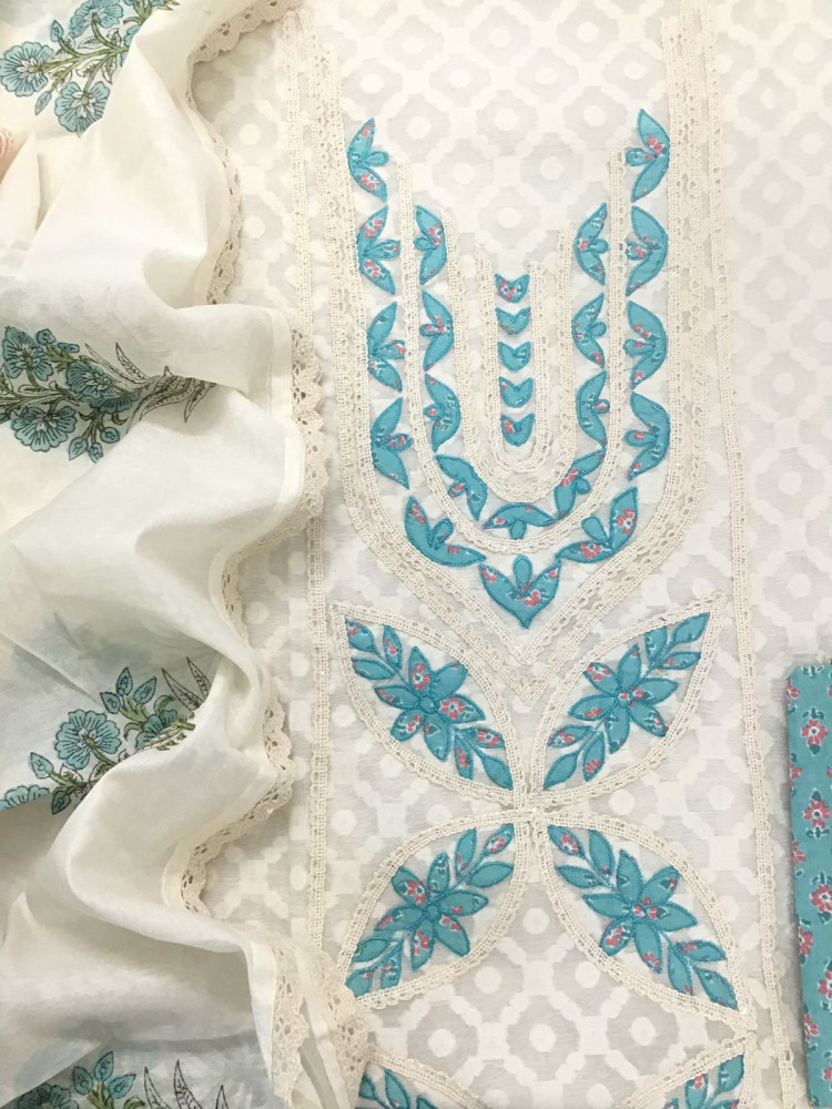 Image of Pure Chanderi Printed Embroidered Self Weaved Suit - Offwhite