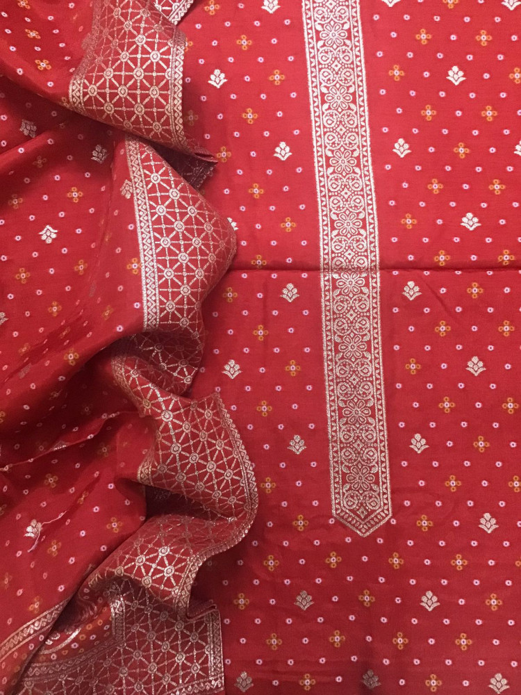 Image of Soft Upada Silk Banarasi Weaved Suit - Red