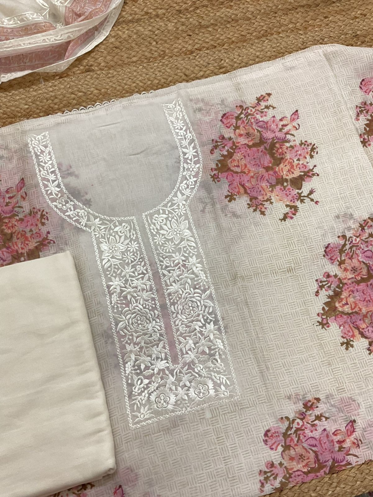 Pure Muslin Printed Embroidered Suit - Cream