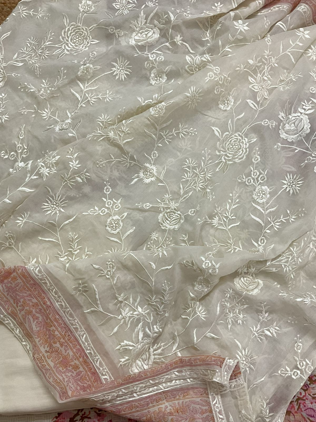 Pure Muslin Printed Embroidered Suit - Cream