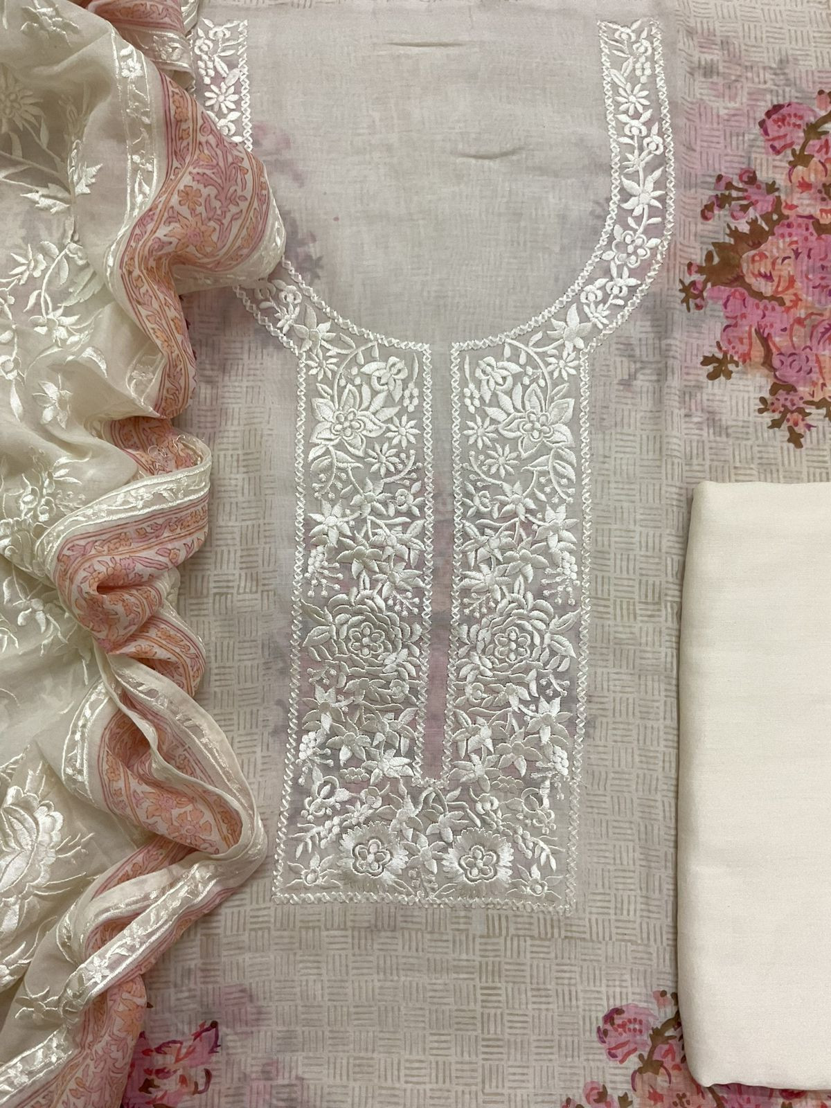 Pure Muslin Printed Embroidered Suit - Cream