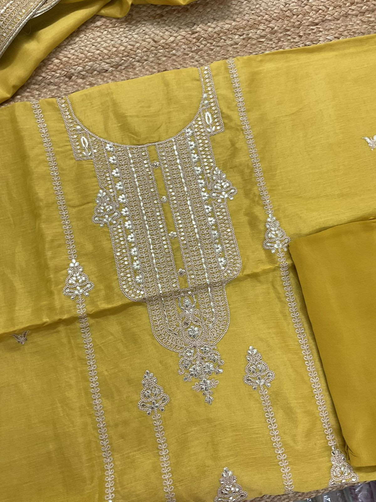 Pure Tissue Chanderi Embroidered Suit - Yellow
