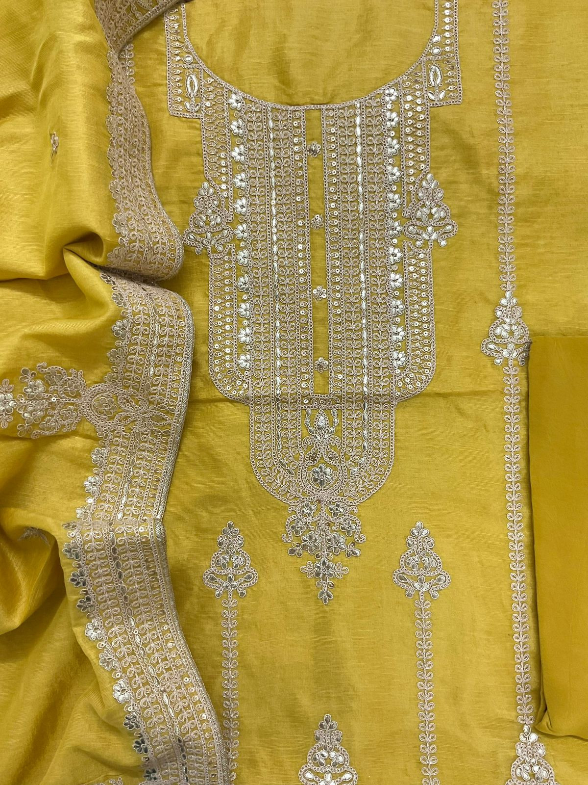 Pure Tissue Chanderi Embroidered Suit - Yellow