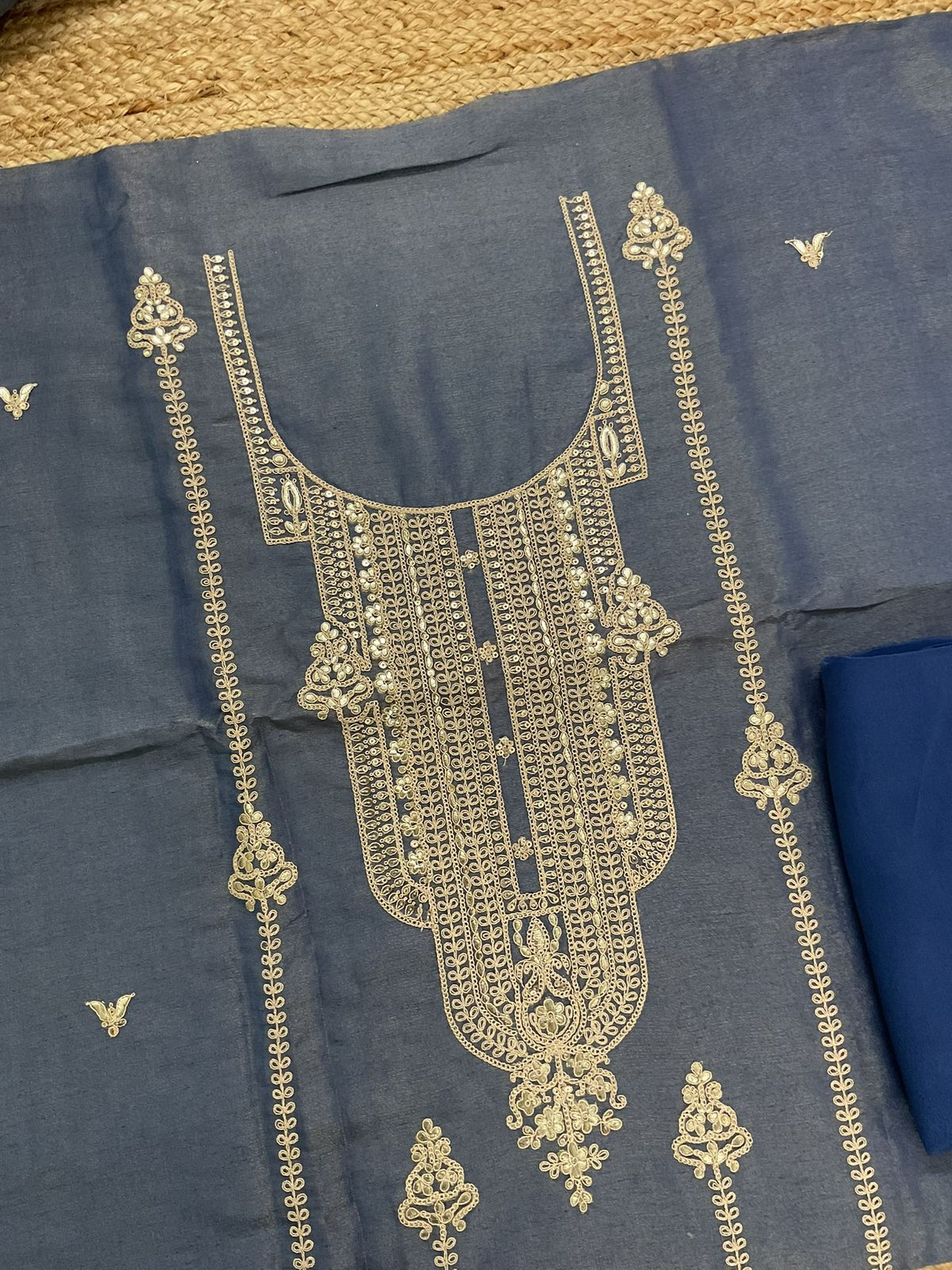 Pure Tissue Chanderi Embroidered Suit - Blue
