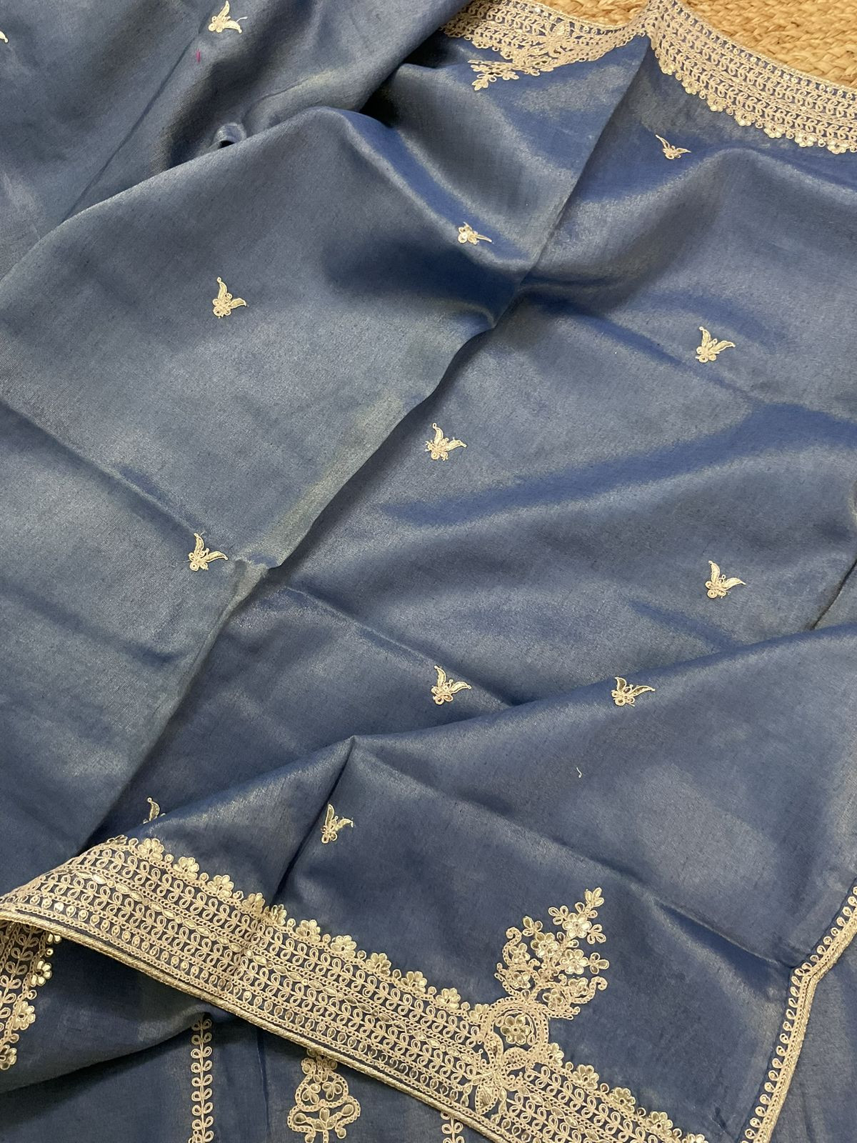 Pure Tissue Chanderi Embroidered Suit - Blue