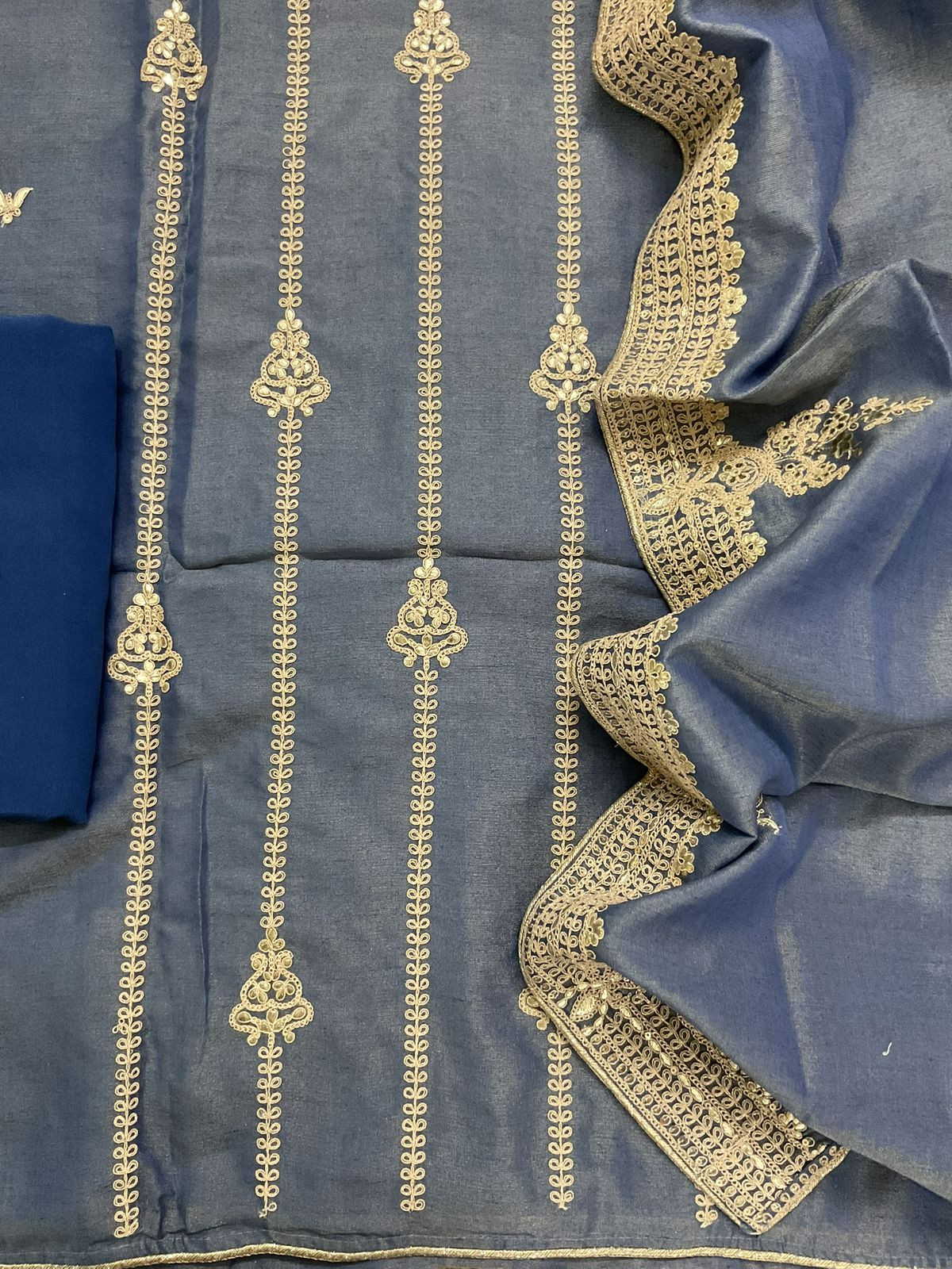 Pure Tissue Chanderi Embroidered Suit - Blue
