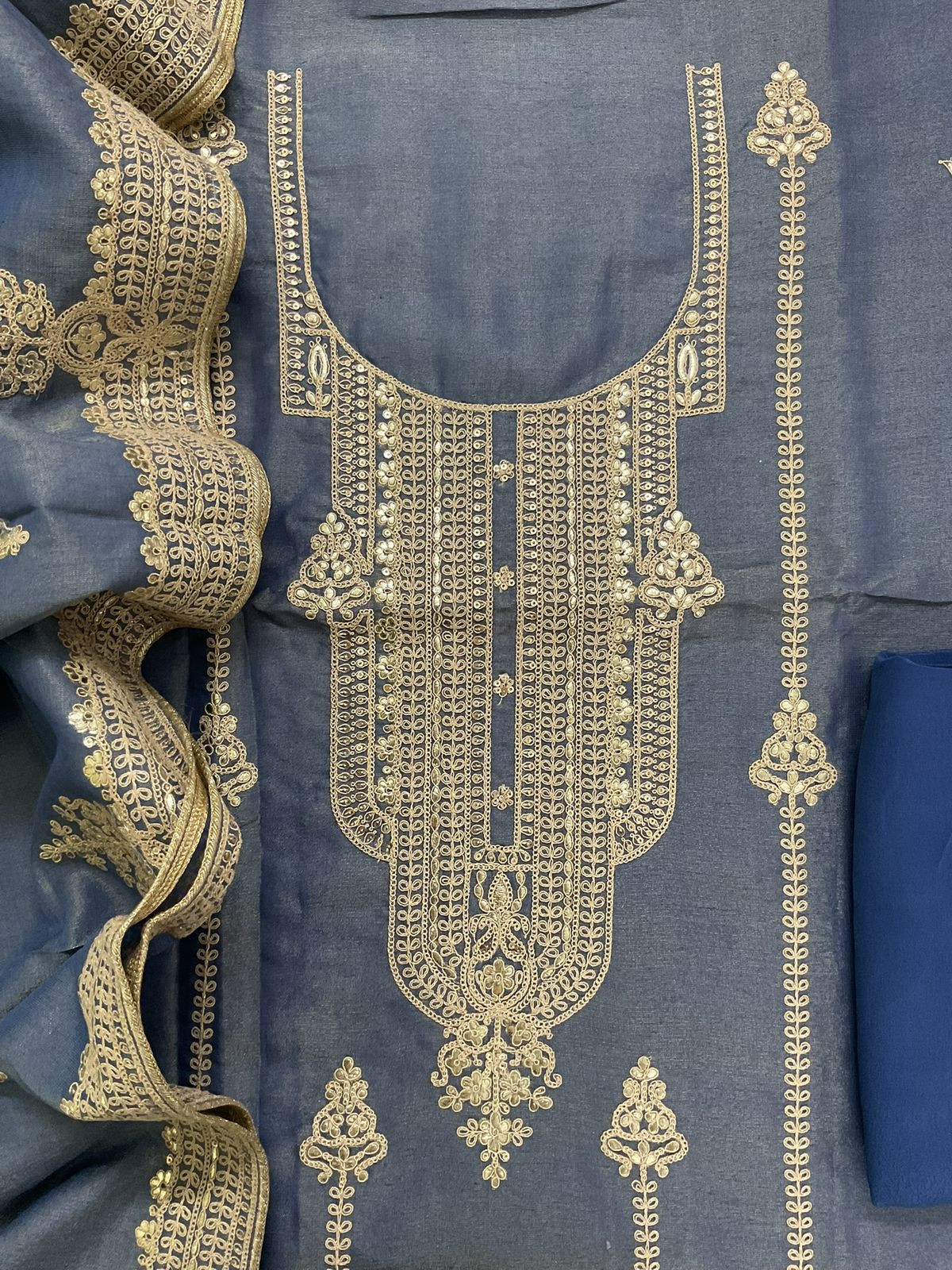 Pure Tissue Chanderi Embroidered Suit - Blue