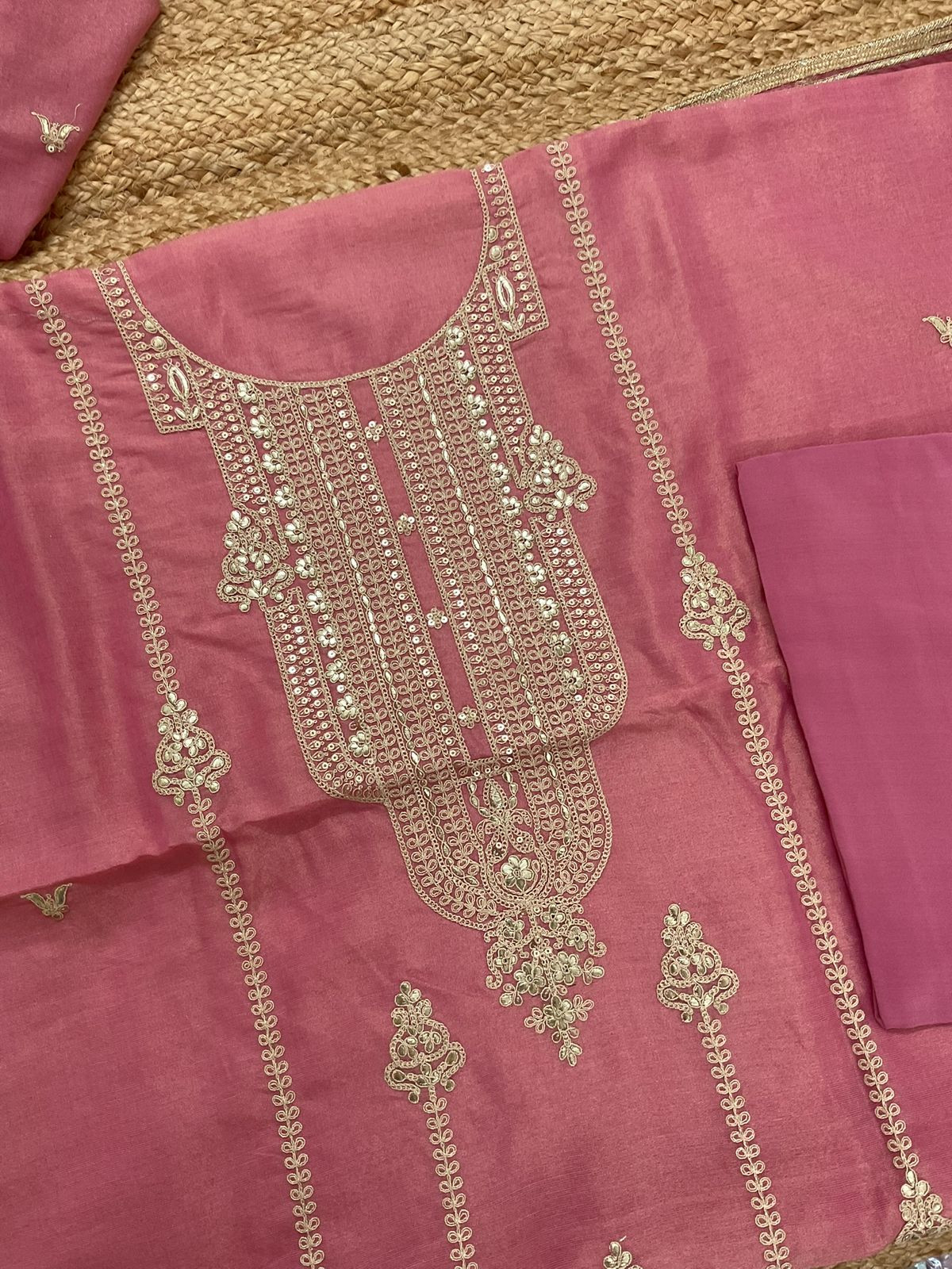 Pure Tissue Chanderi Embroidered Suit - Pink