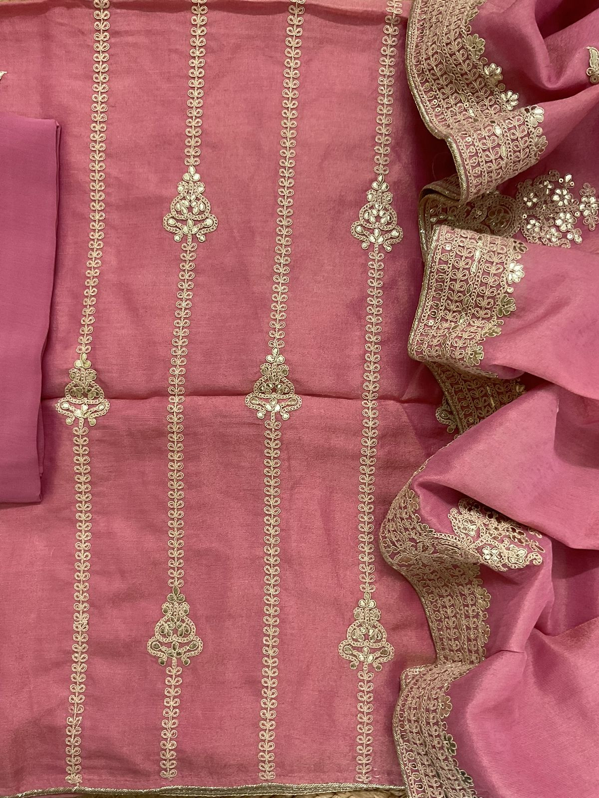 Pure Tissue Chanderi Embroidered Suit - Pink