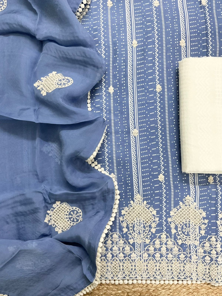 Image of Pure Fine Maheshwari Printed Embroidered Suit - Blue