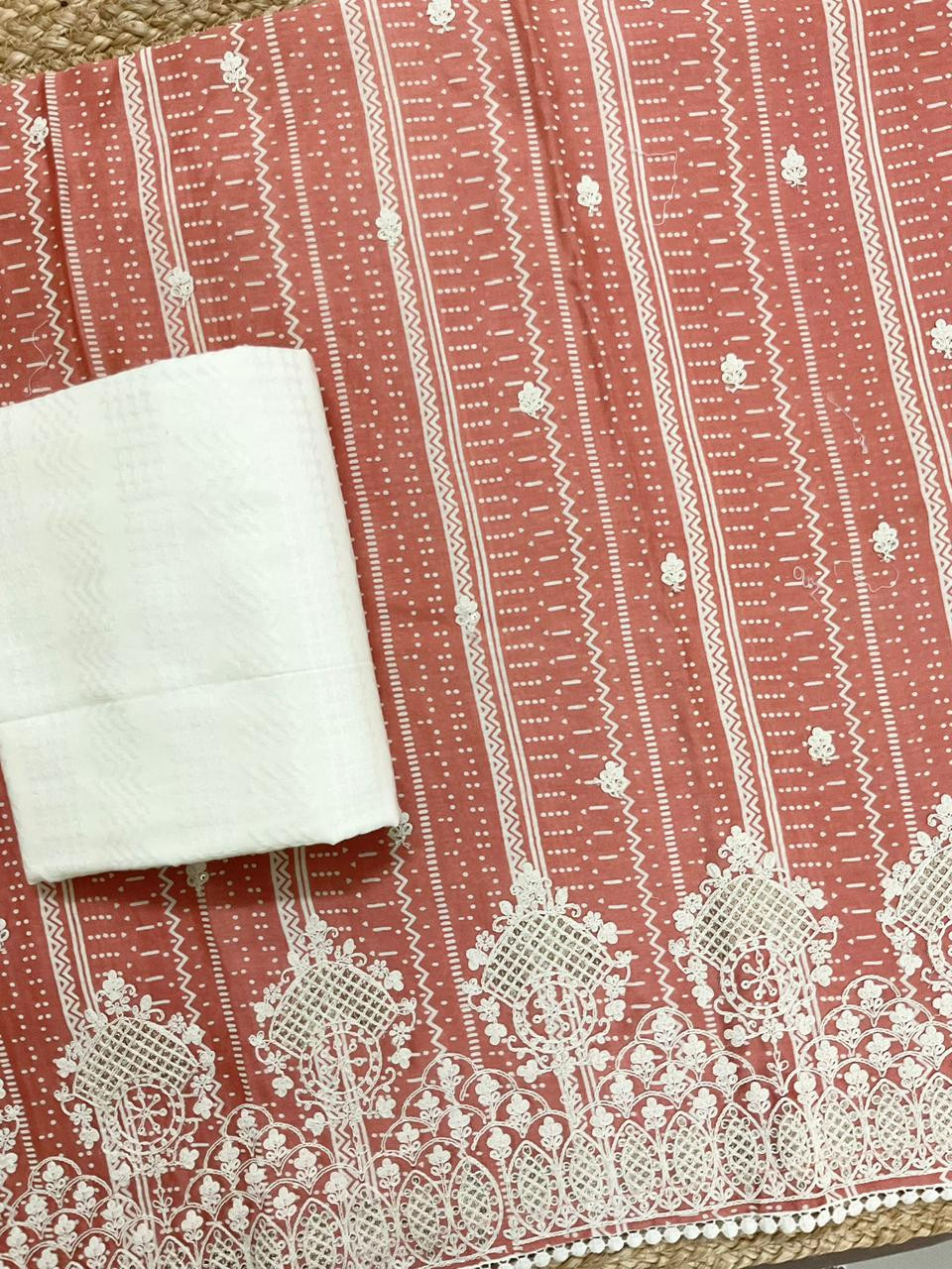 Pure Fine Maheshwari Printed Embroidered Suit - Peach