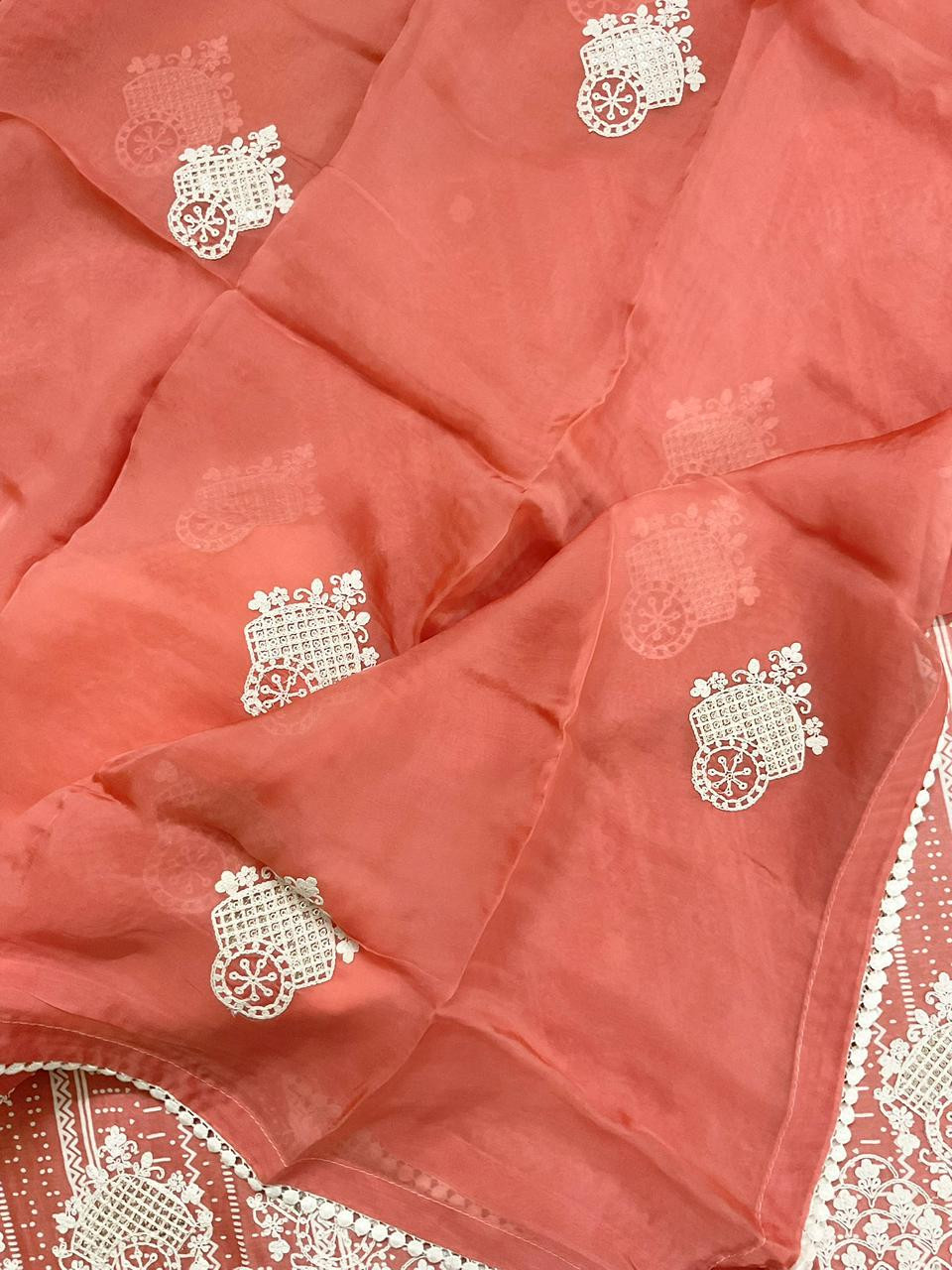 Pure Fine Maheshwari Printed Embroidered Suit - Peach