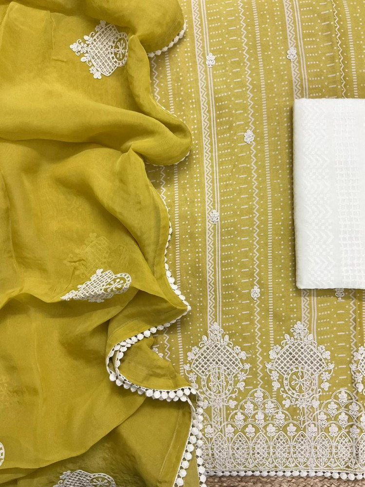Image of Pure Fine Maheshwari Printed Embroidered Suit - Lime Yellow