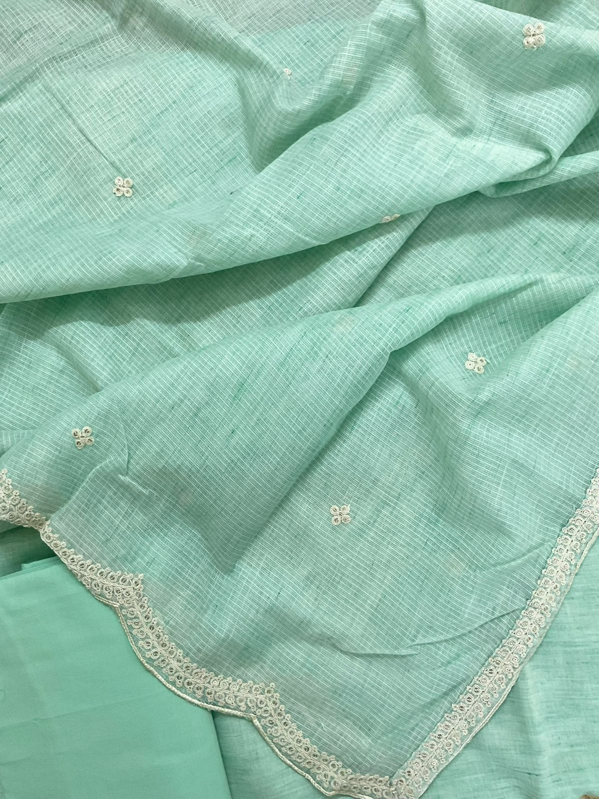 Pure Fine Handloom Cotton Embroidered Suit - Sea Green