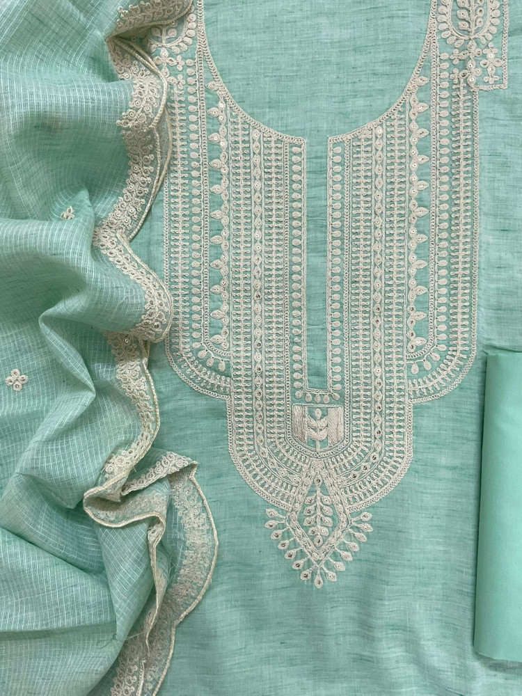 Image of Pure Fine Handloom Cotton Embroidered Suit - Sea Green