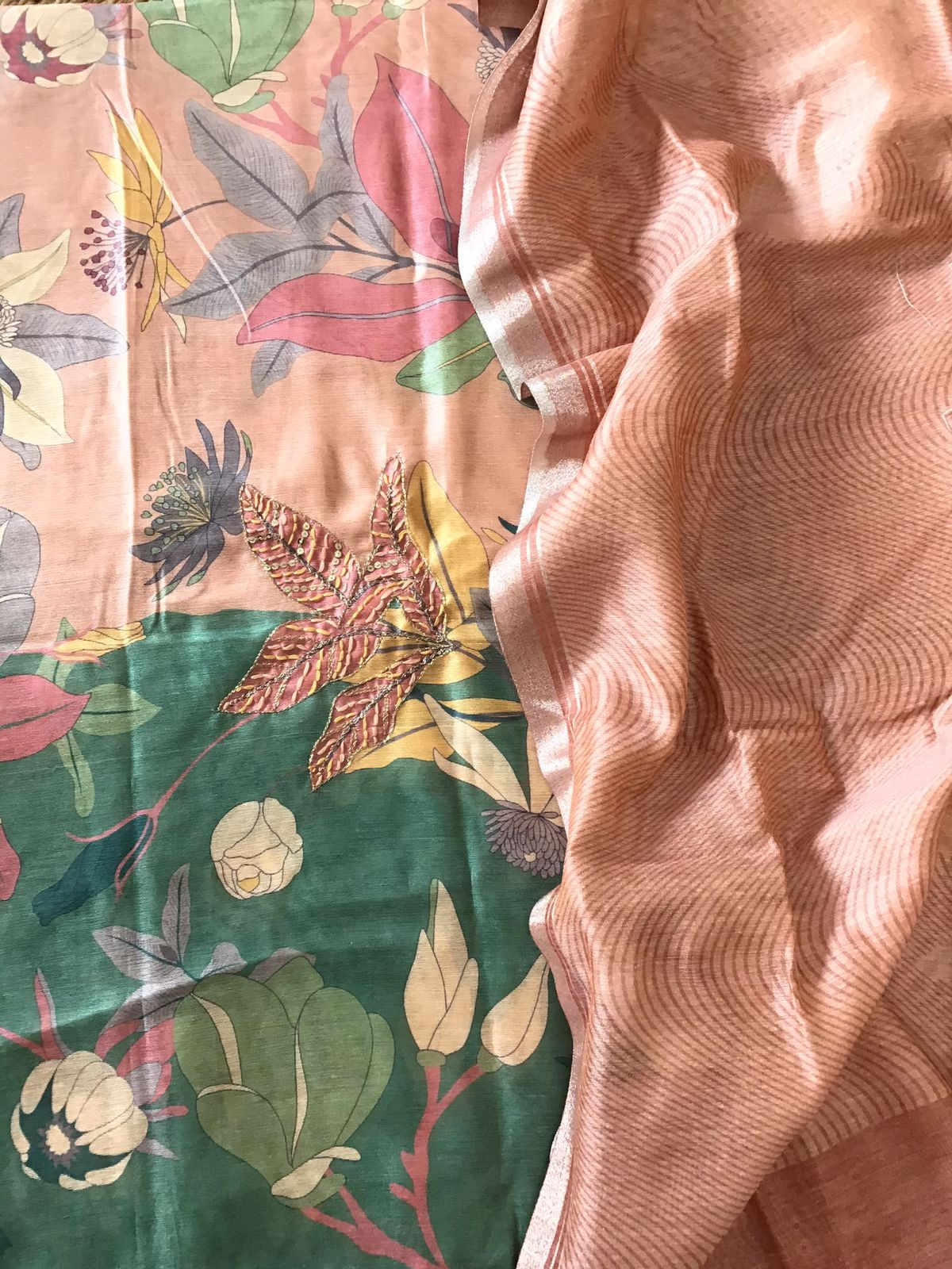 Soft Semi Raw Silk Printed Embroidered Suit - Peach