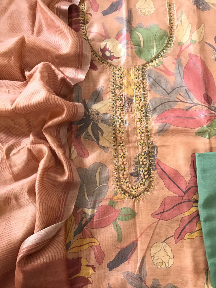 Image of Soft Semi Raw Silk Printed Embroidered Suit - Peach