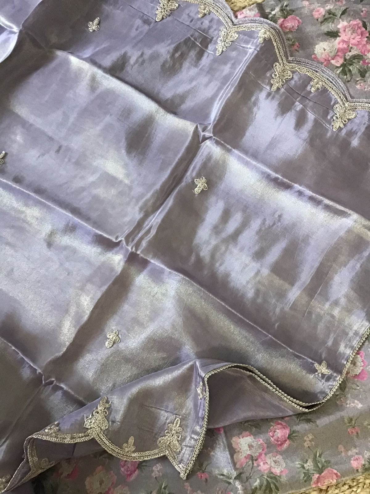 Soft Tissue Chanderi Printed Embroidered Suit - Lavender