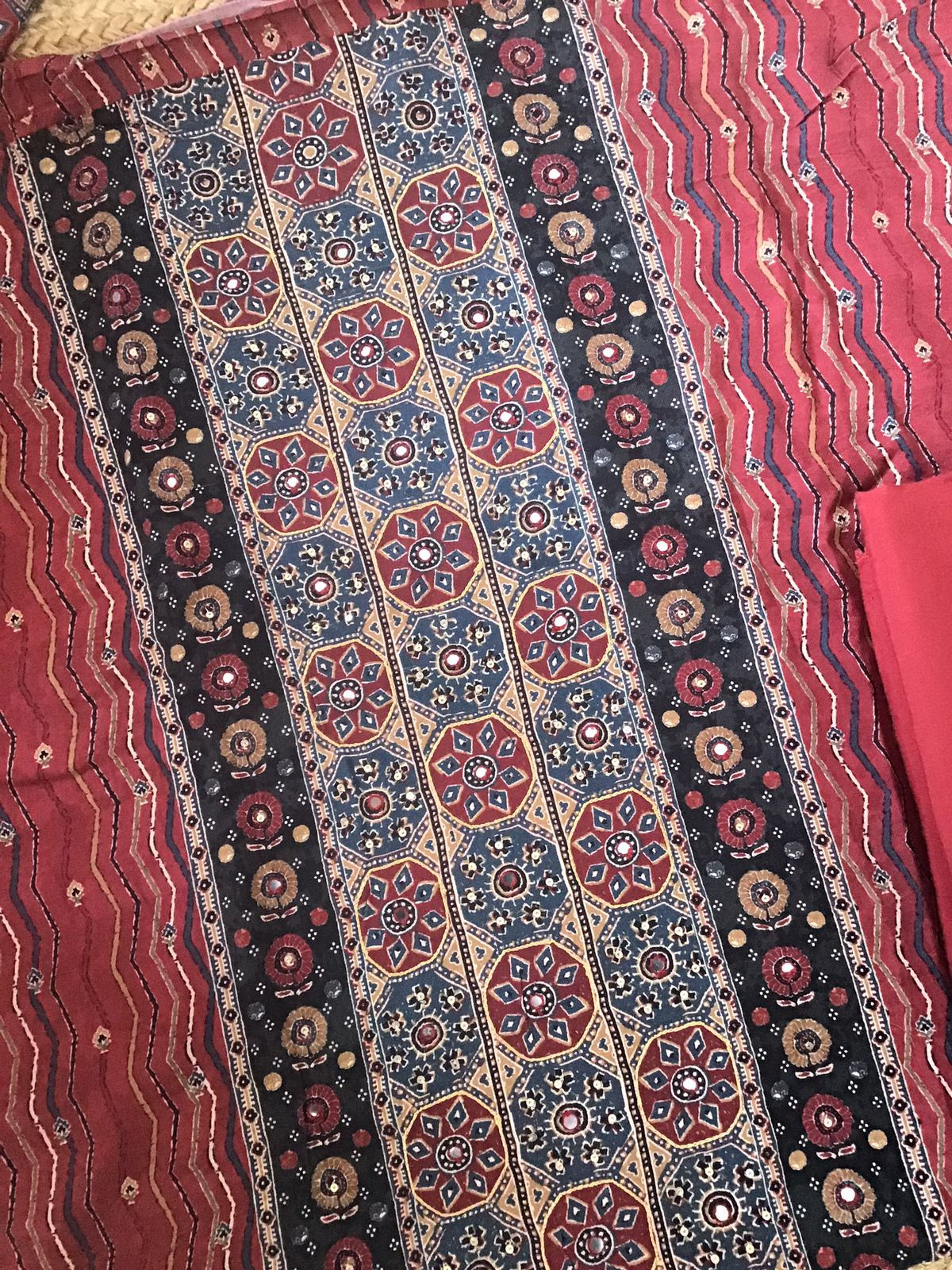 Soft Woollen Slub Silk Printed Embroidered Suit - Red