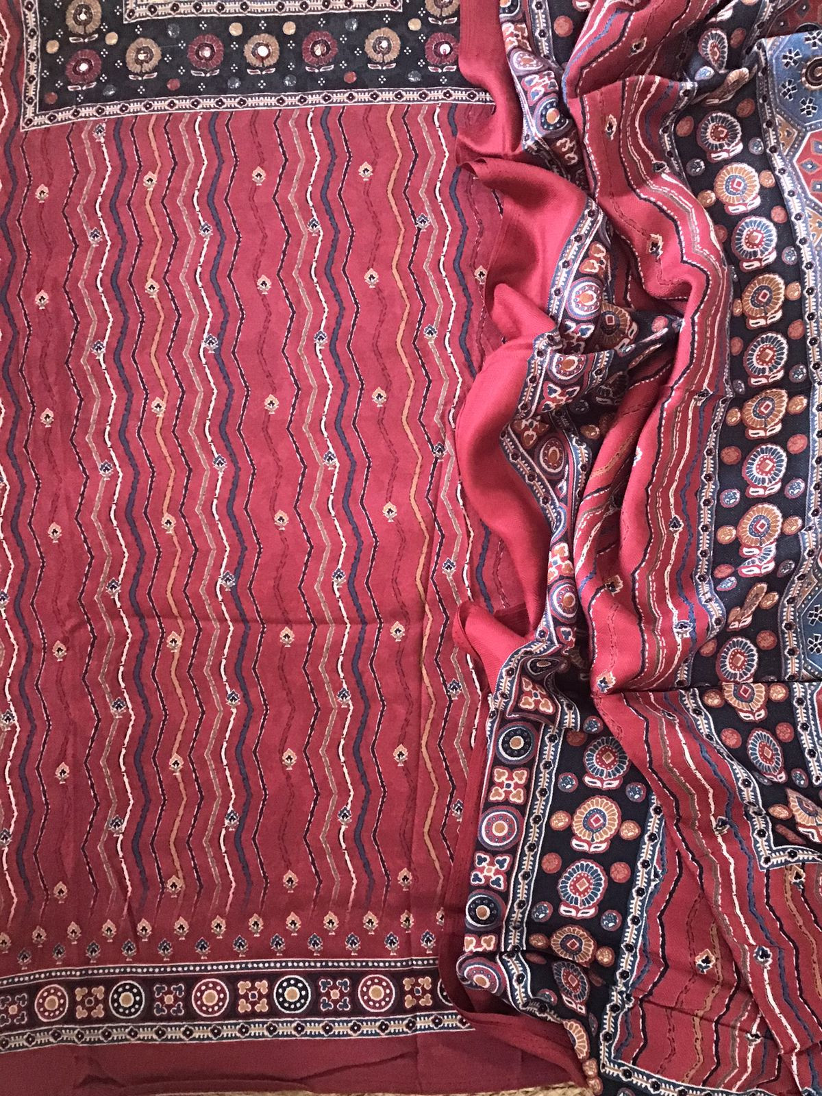 Soft Woollen Slub Silk Printed Embroidered Suit - Red