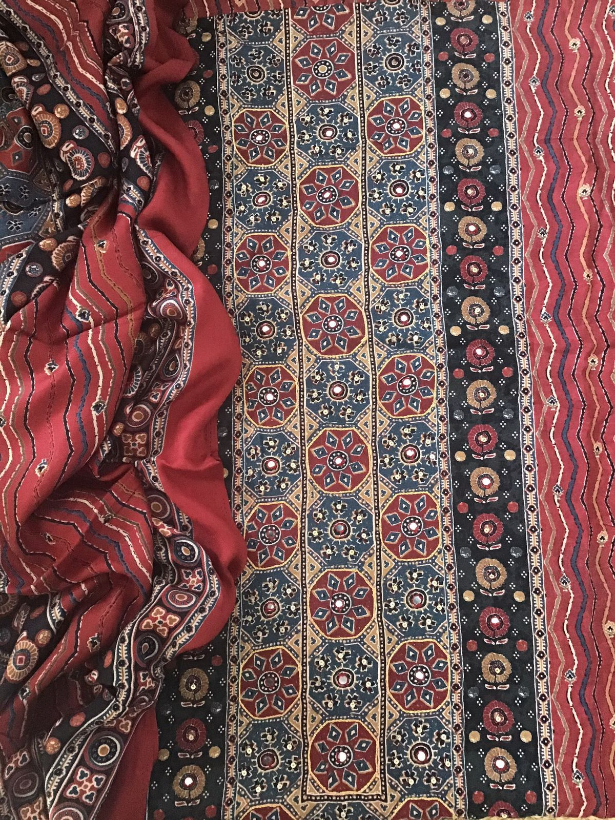 Soft Woollen Slub Silk Printed Embroidered Suit - Red