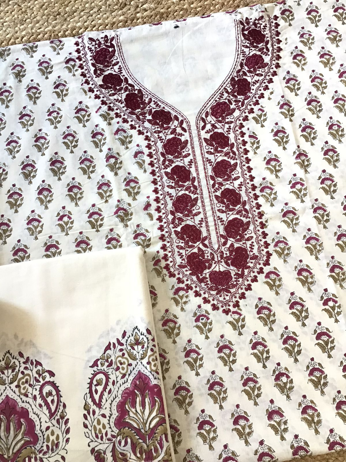 Pure Cotton Printed Embroidered Suit - Cream